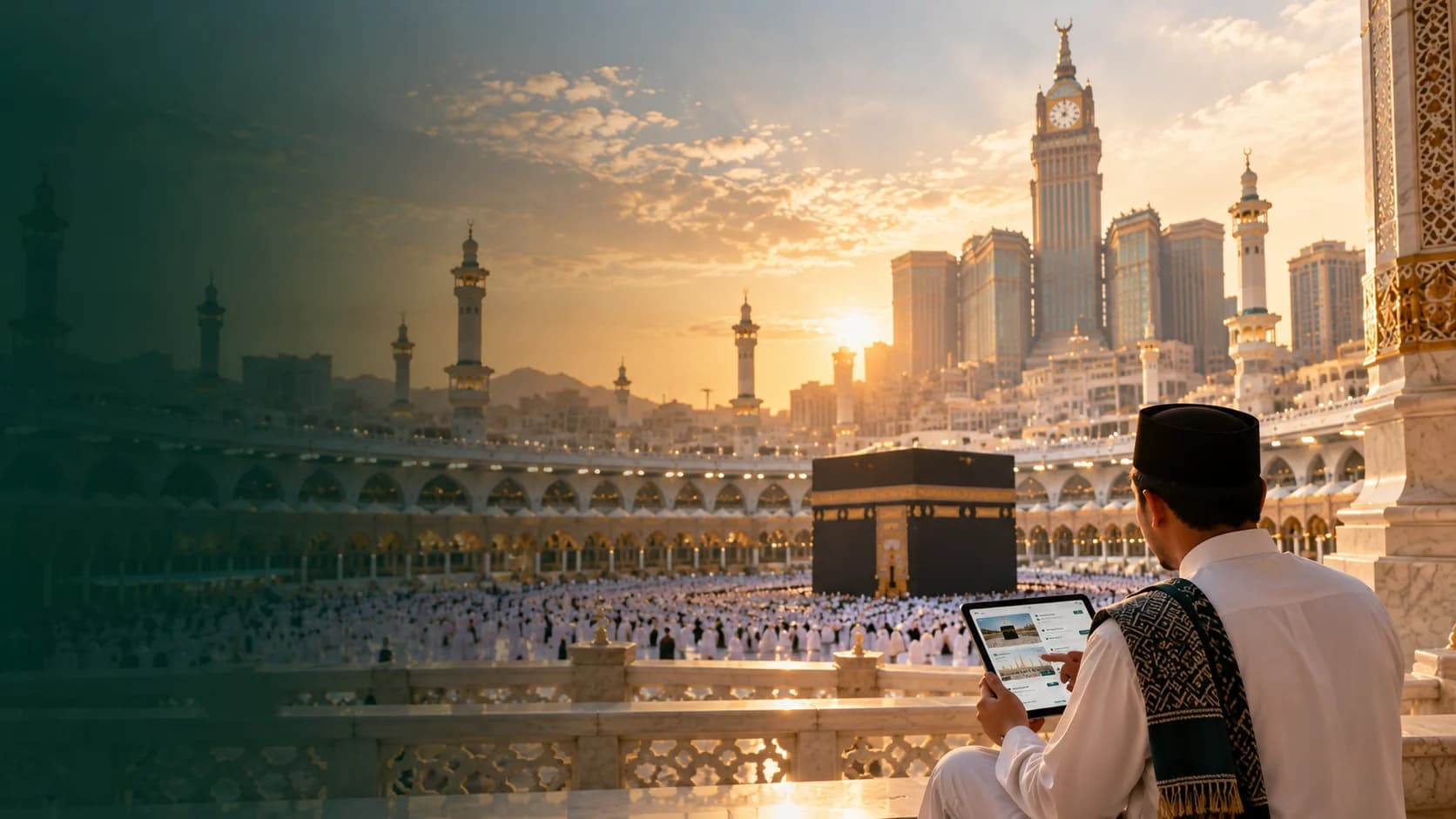Visualisasi AI perjalanan umrah untuk Safar Hijrah Umroh Sunnah Jakarta Direct; bukan foto resmi paket
